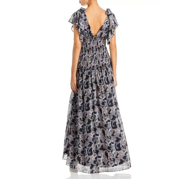 Cinq a Sept Kris Chiffon Dress in Raven Paisley Navy Blue Chiffon Smocked Maxi - Picture 6 of 15